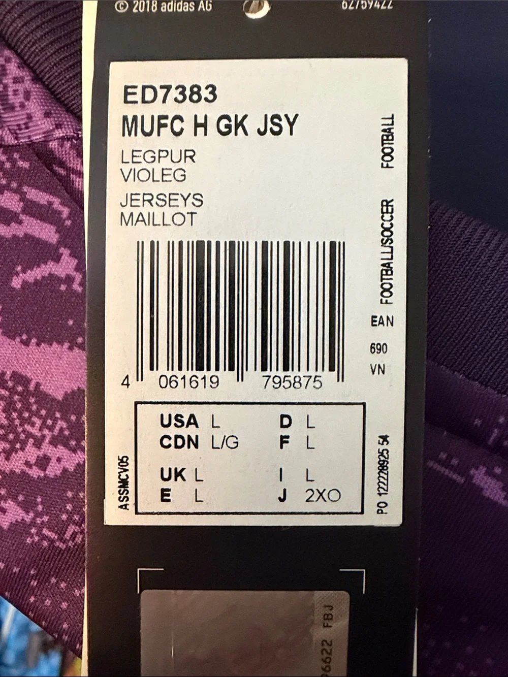 adidas Purple and Dark Gray Manchester United Long-Sleeve Soccer Jersey NWT